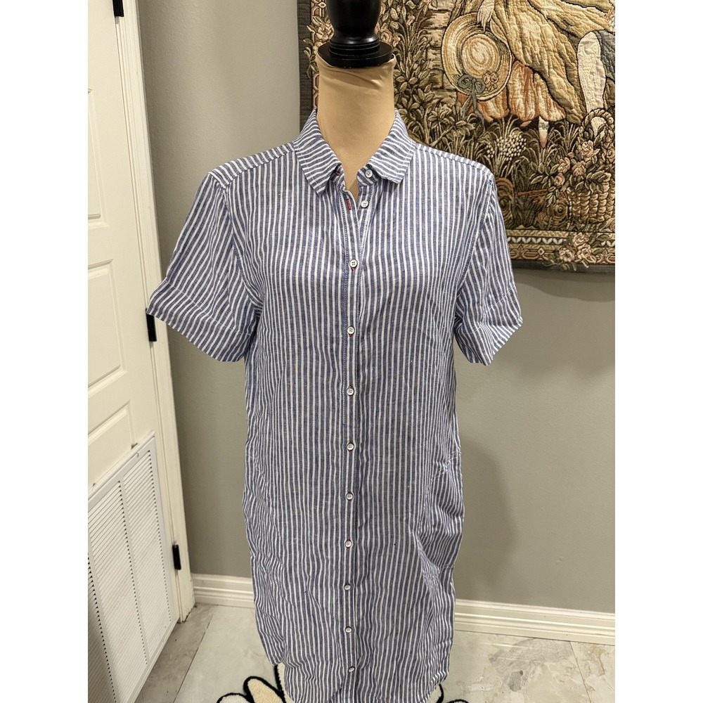 Tahari Dress Womens Medium Blue White Striped Linen Shirt Short Sleeve Casual - Picture 2 of 8